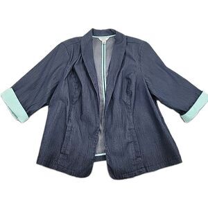 CJ Banks Womens Open Front Jacket Size 2X Blue Mint Green Trim 3/4 Sleeve Pocket